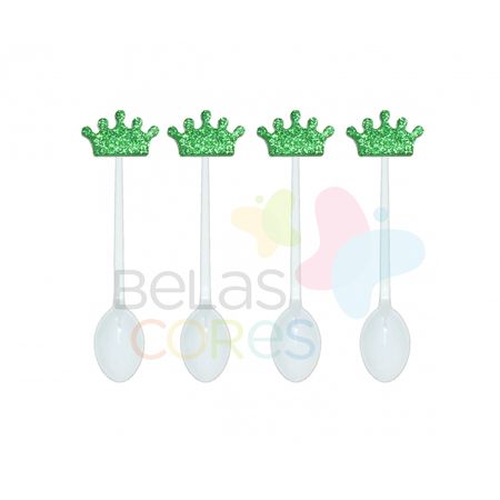 colherzinha-acrilica-branca-aplique-coroa-verde-escuro-tamanho-p-50-unidades colherzinha-acrilica-branca-aplique-coroa-verde-escuro-tamanho-p-50-unidades